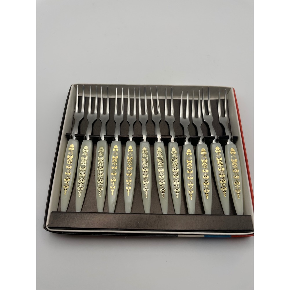 Vintage 12pc Mini Cocktail Forks Stainless Japan Gold Filigree Blue Handles Box‎